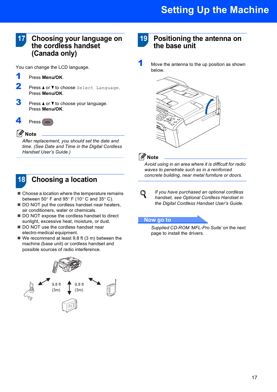18 choosing a location, 19 positioning the antenna on the base unit, Setting up the machine | Brother MFC-885CW User Manual | Page 19 / 60