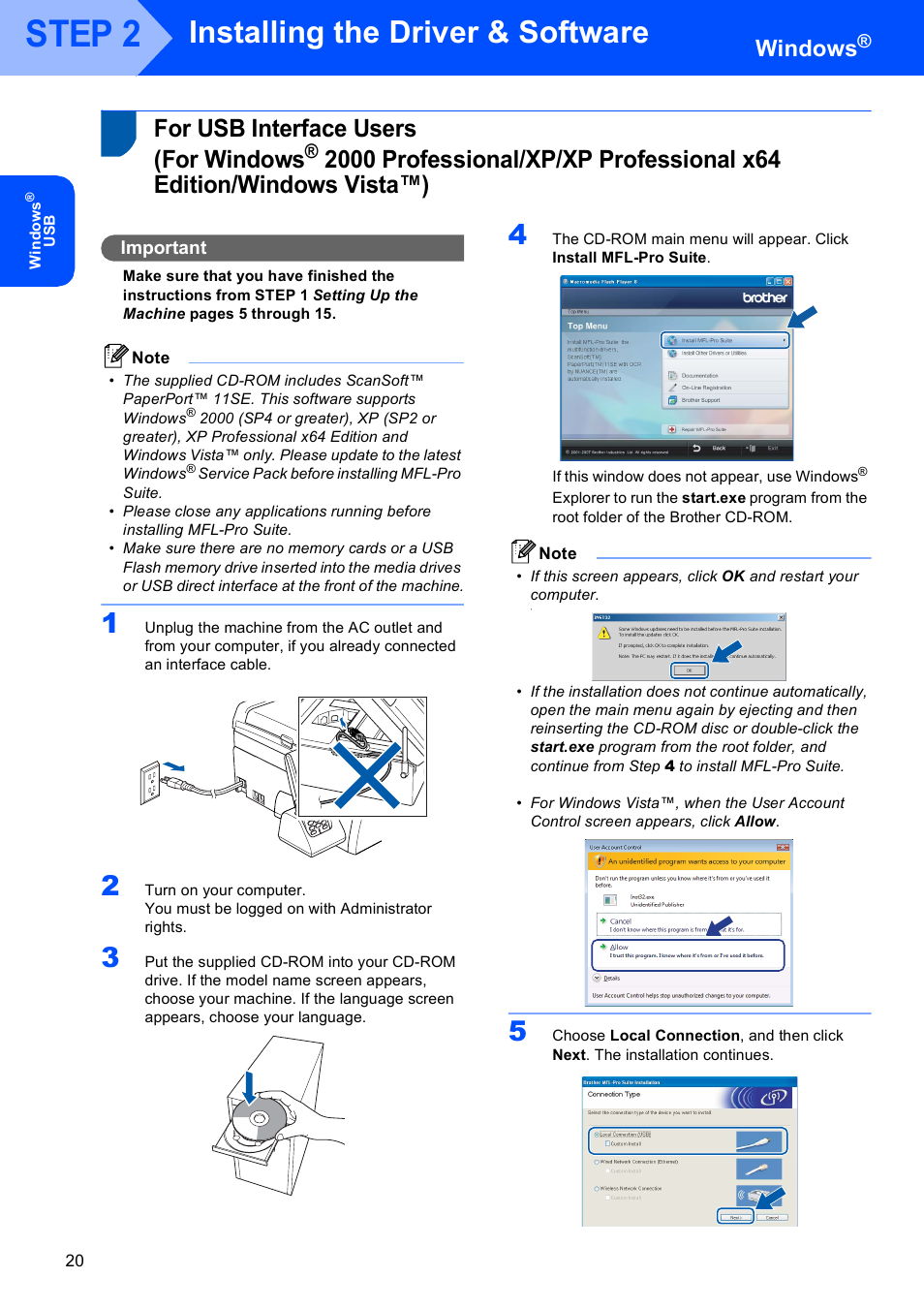 Windows, For usb interface users (for windows, For usb interface users | For windows, 2000 professional/xp, Xp professional x64 edition/windows vista™), Step 2, Installing the driver & software, Important | Brother MFC-885CW User Manual | Page 22 / 60