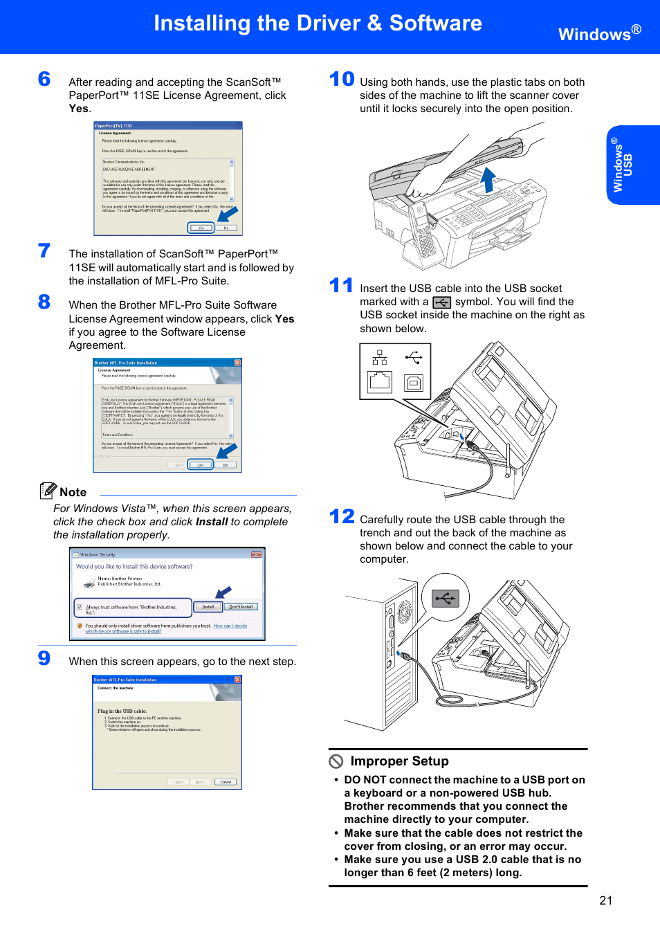 Installing the driver & software, Windows, Improper setup | Brother MFC-885CW User Manual | Page 23 / 60