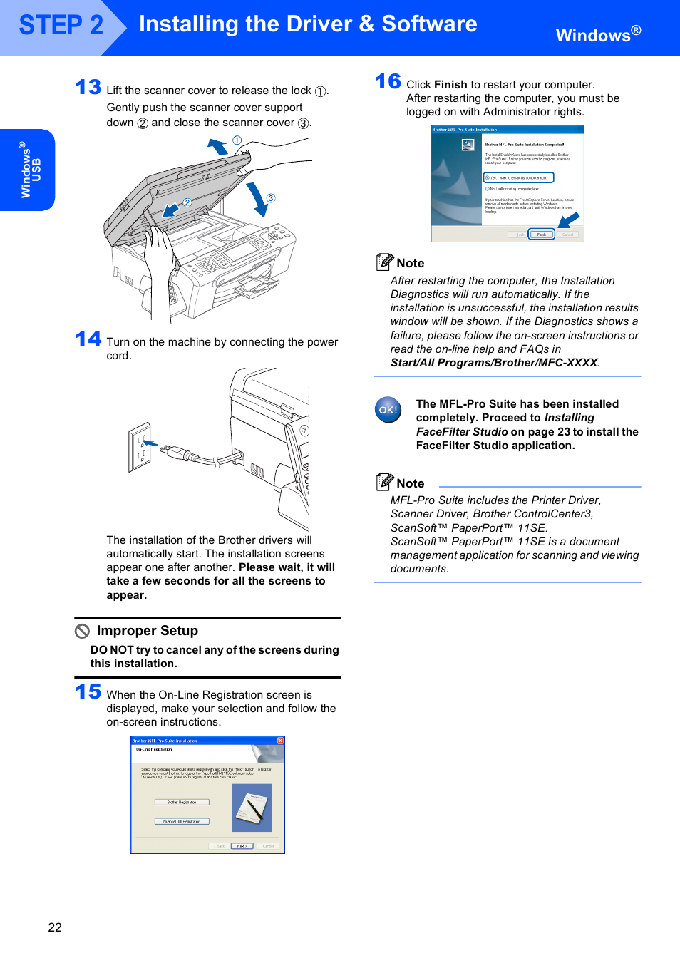 Step 2, Installing the driver & software, Windows | Improper setup | Brother MFC-885CW User Manual | Page 24 / 60