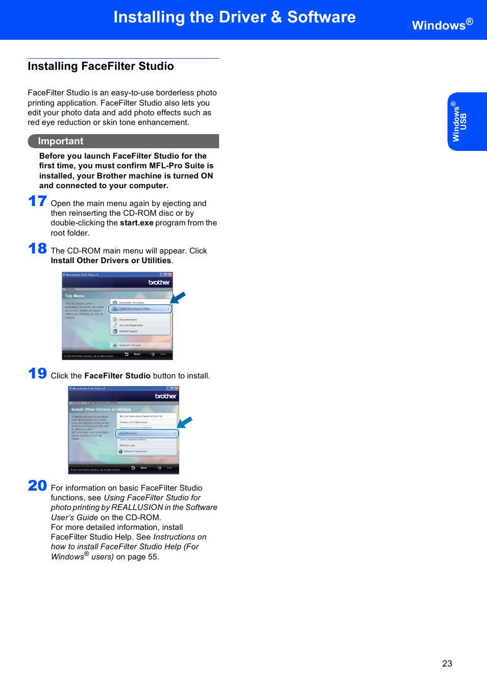 Installing facefilter studio, Installing the driver & software, Windows | Brother MFC-885CW User Manual | Page 25 / 60