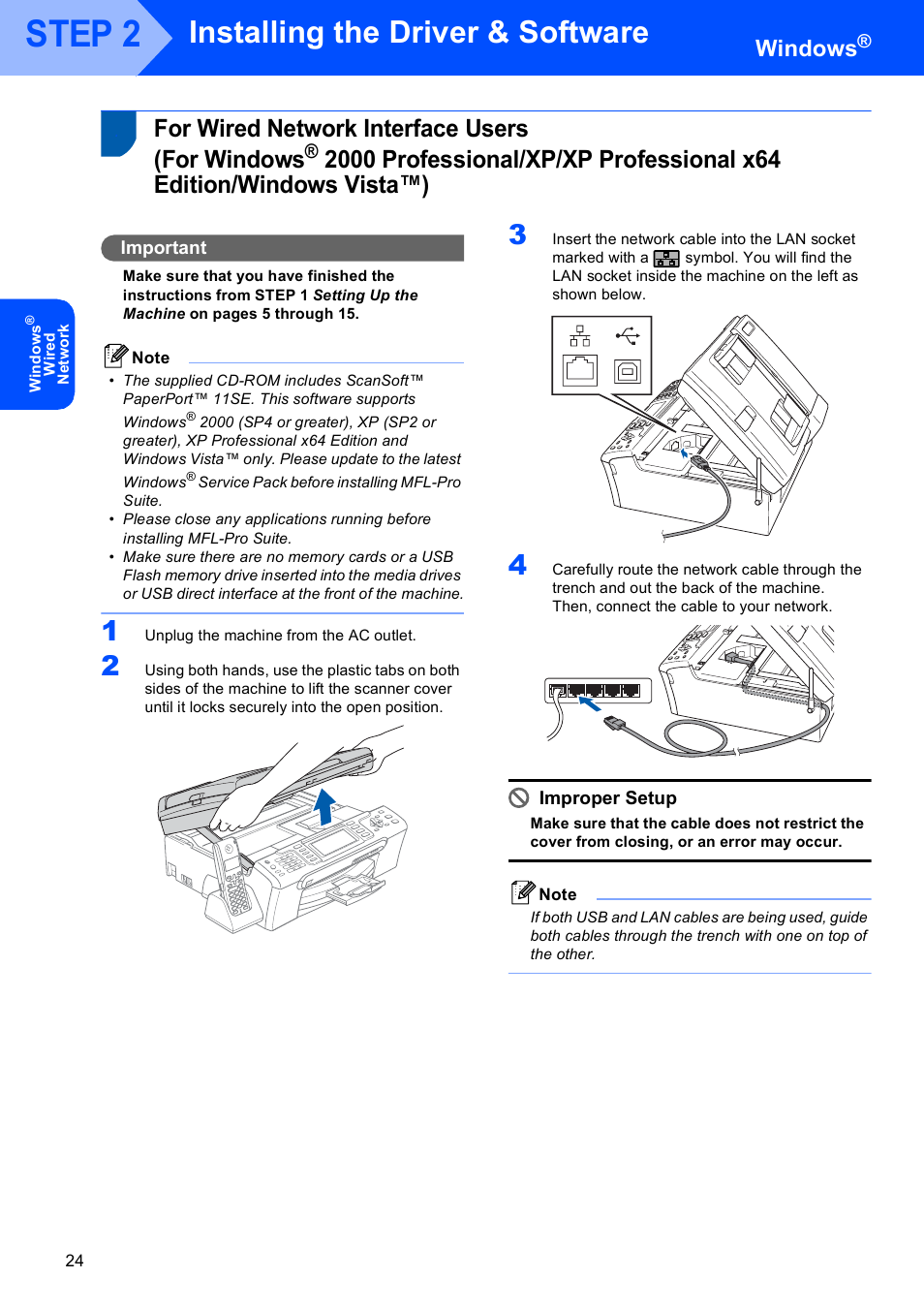 For wired network interface users (for windows, For wired network interface users, For windows | 2000 professional/xp, Xp professional x64 edition/windows vista™), Step 2, Installing the driver & software, Windows | Brother MFC-885CW User Manual | Page 26 / 60