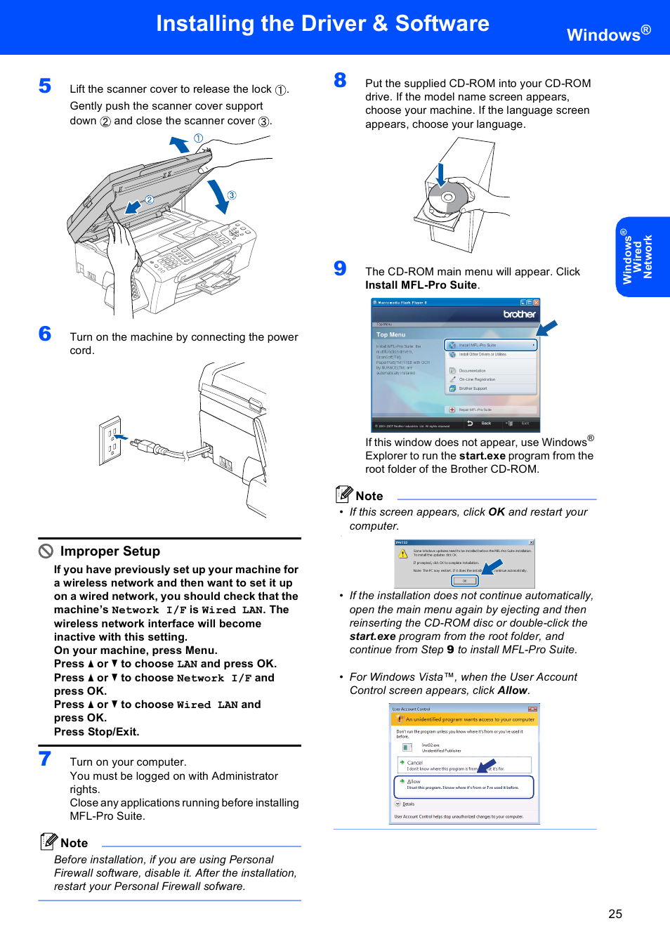 Installing the driver & software, Windows, Improper setup | Brother MFC-885CW User Manual | Page 27 / 60