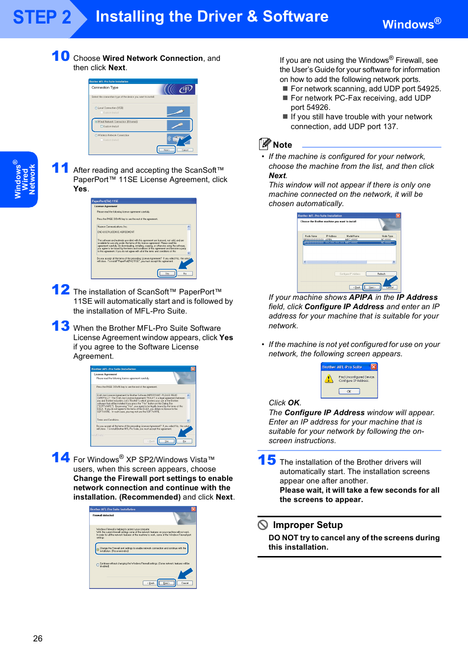 Step 2, Installing the driver & software, Windows | Improper setup | Brother MFC-885CW User Manual | Page 28 / 60
