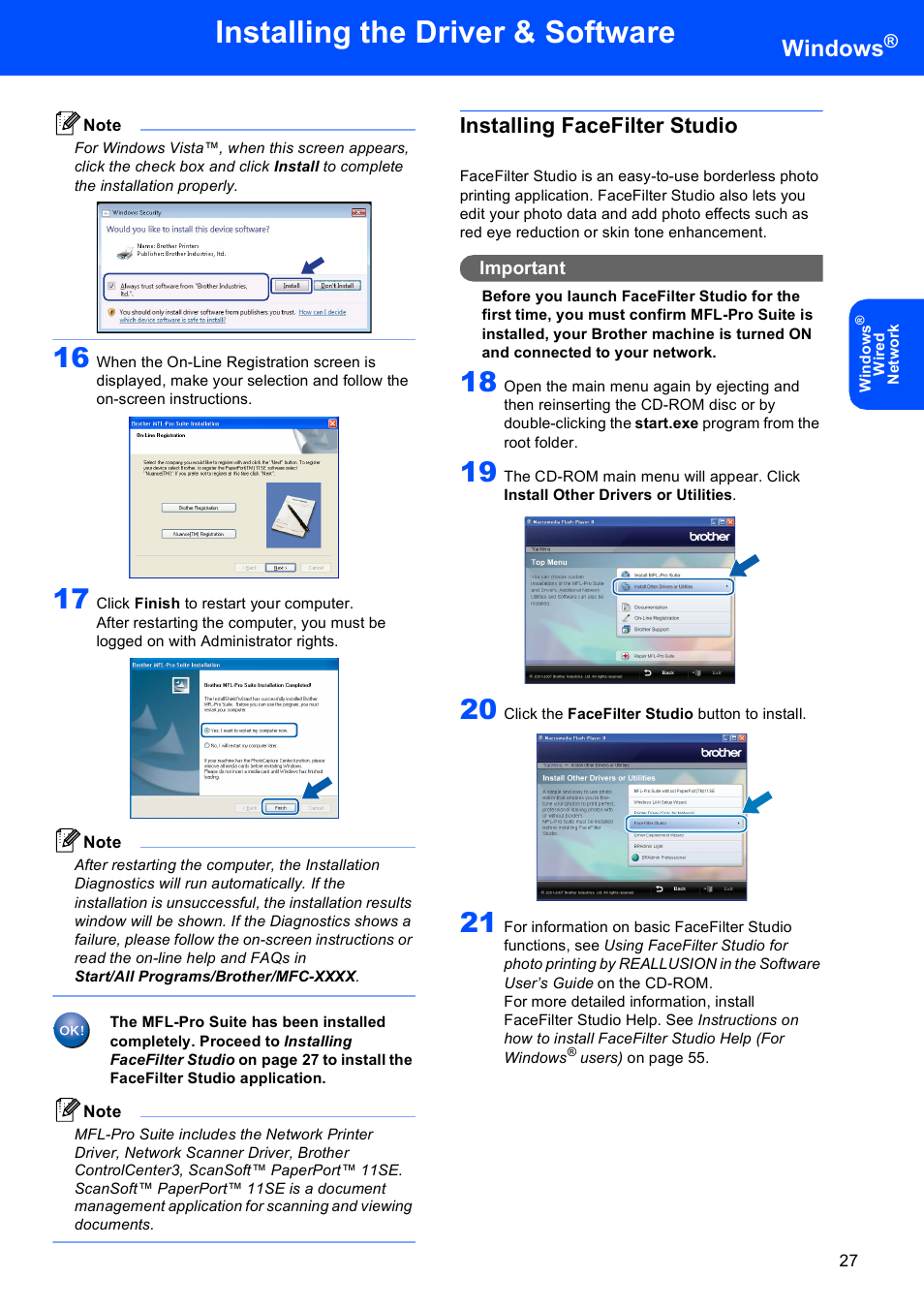 Installing facefilter studio, Installing the driver & software, Windows | Important | Brother MFC-885CW User Manual | Page 29 / 60