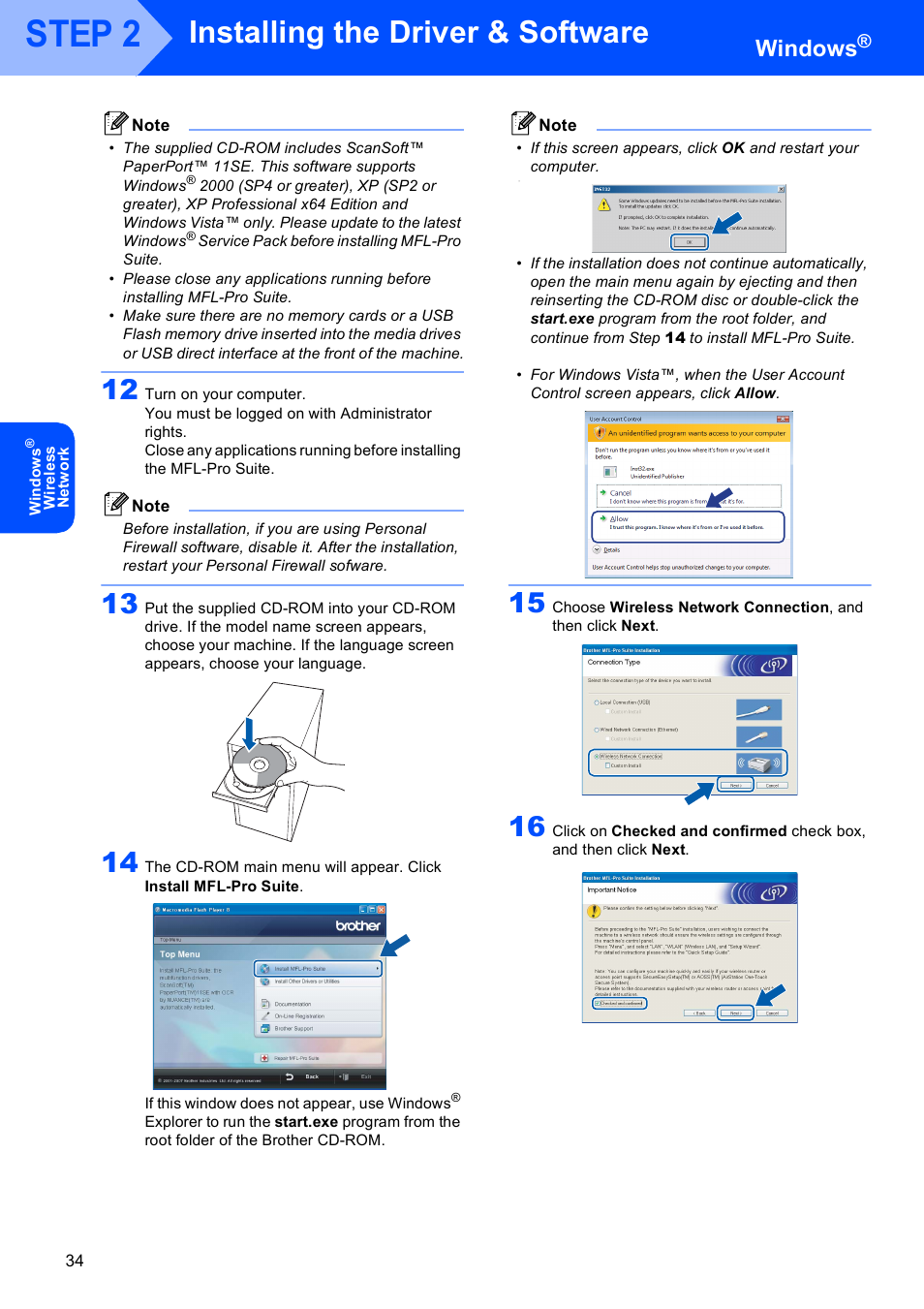 12 on, Step 2, Installing the driver & software | Windows | Brother MFC-885CW User Manual | Page 36 / 60