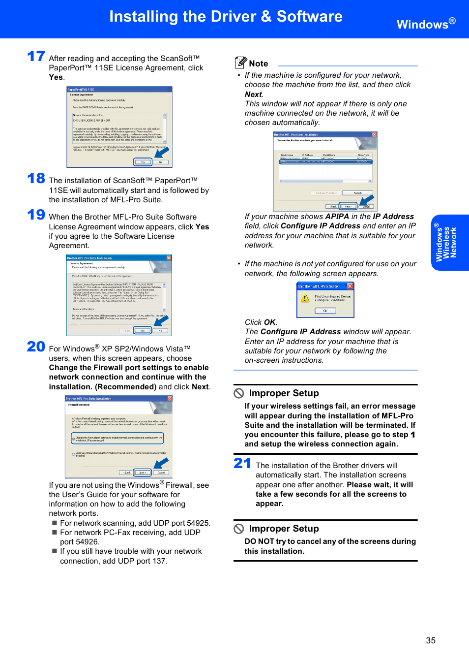 Installing the driver & software, Windows, Improper setup | Brother MFC-885CW User Manual | Page 37 / 60