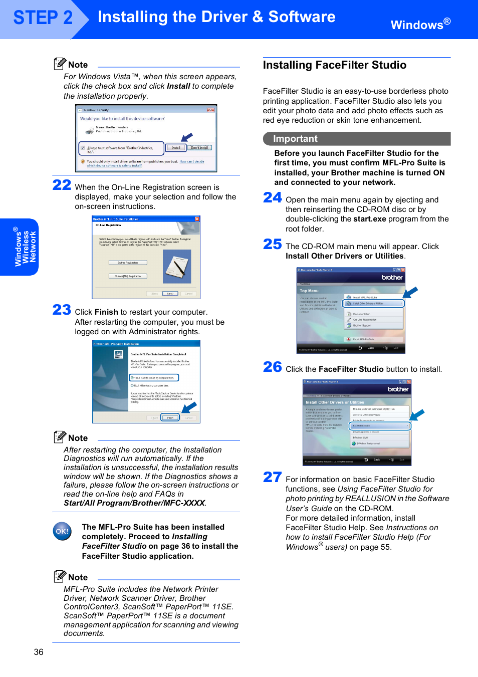 Installing facefilter studio, Step 2, Installing the driver & software | Windows | Brother MFC-885CW User Manual | Page 38 / 60