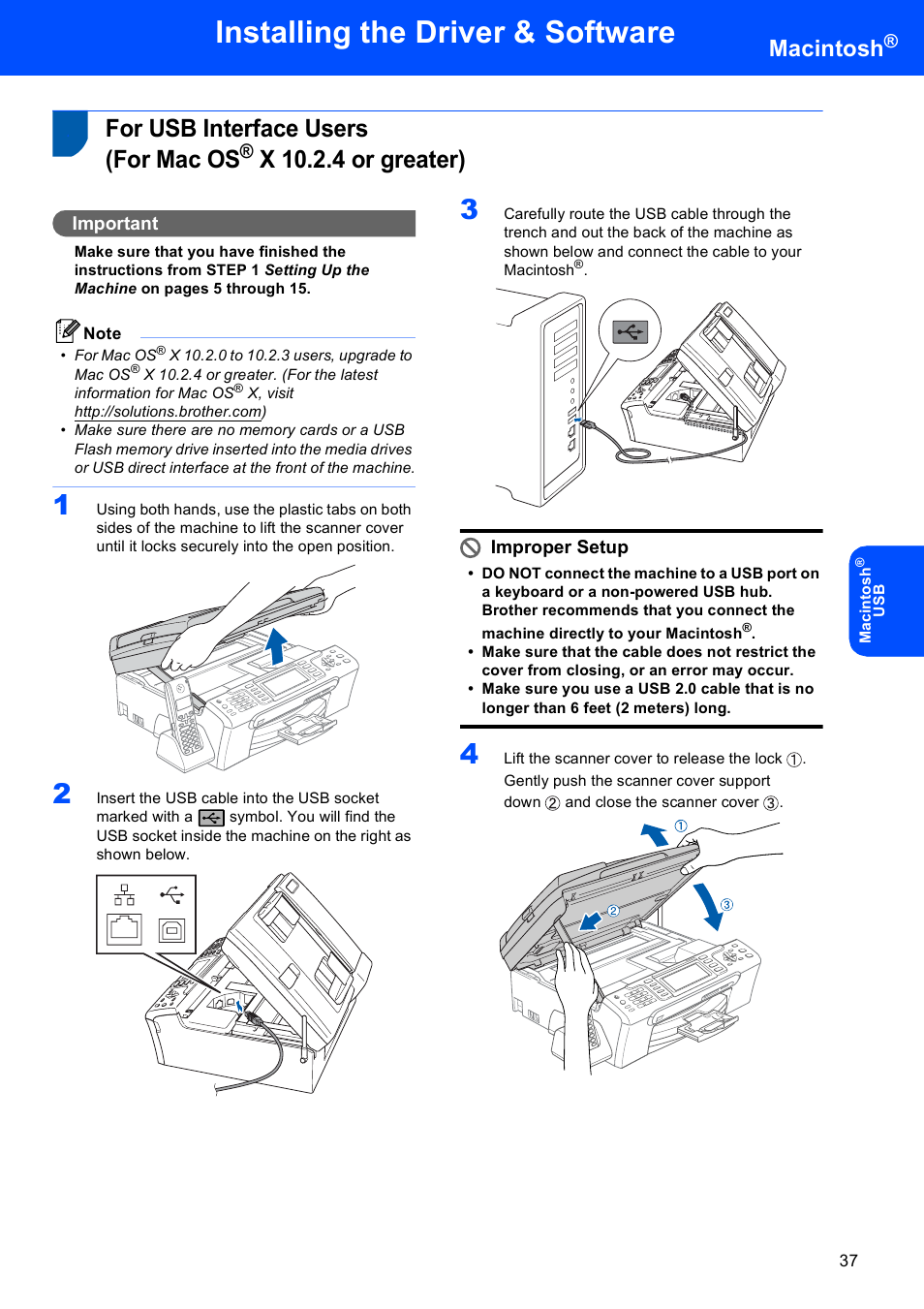 Macintosh, For usb interface users(for mac os, X 10.2.4 or greater) | For usb interface users, For mac os, Installing the driver & software, For usb interface users (for mac os, Important, Improper setup | Brother MFC-885CW User Manual | Page 39 / 60