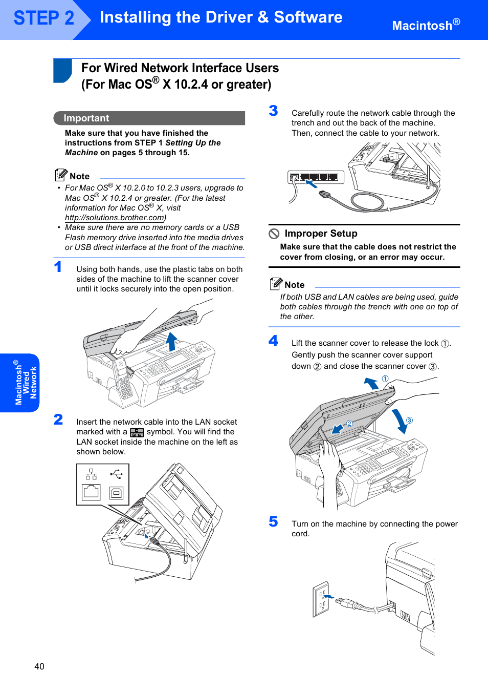 For wired network interface users(for mac os, X 10.2.4 or greater), For wired network interface users | For mac os, Step 2, Installing the driver & software, For wired network interface users (for mac os, Macintosh, Important, Improper setup | Brother MFC-885CW User Manual | Page 42 / 60