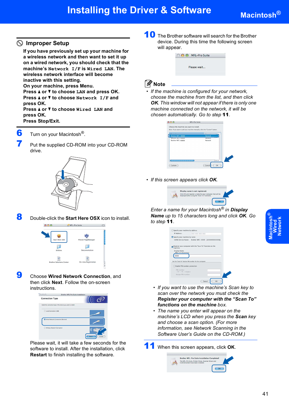 Installing the driver & software, Macintosh, Improper setup | Brother MFC-885CW User Manual | Page 43 / 60