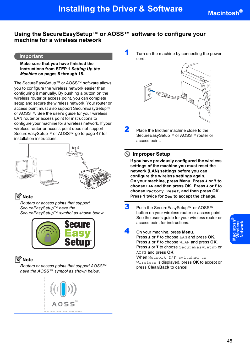 Installing the driver & software, Macintosh, Important | Improper setup | Brother MFC-885CW User Manual | Page 47 / 60