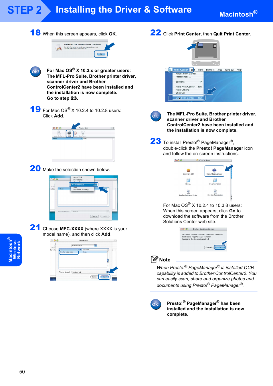 Step 2, Installing the driver & software, Macintosh | Brother MFC-885CW User Manual | Page 52 / 60