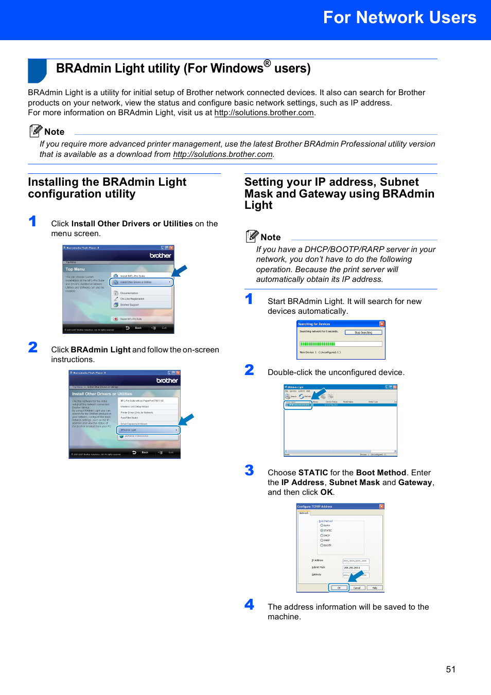 For network users, Bradmin light utility (for windows® users), Installing the bradmin light configuration utility | Bradmin light utility (for windows, Users) | Brother MFC-885CW User Manual | Page 53 / 60