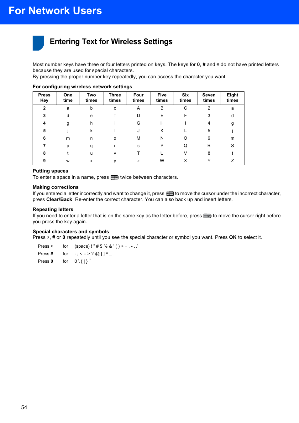 Entering text for wireless settings, For network users | Brother MFC-885CW User Manual | Page 56 / 60
