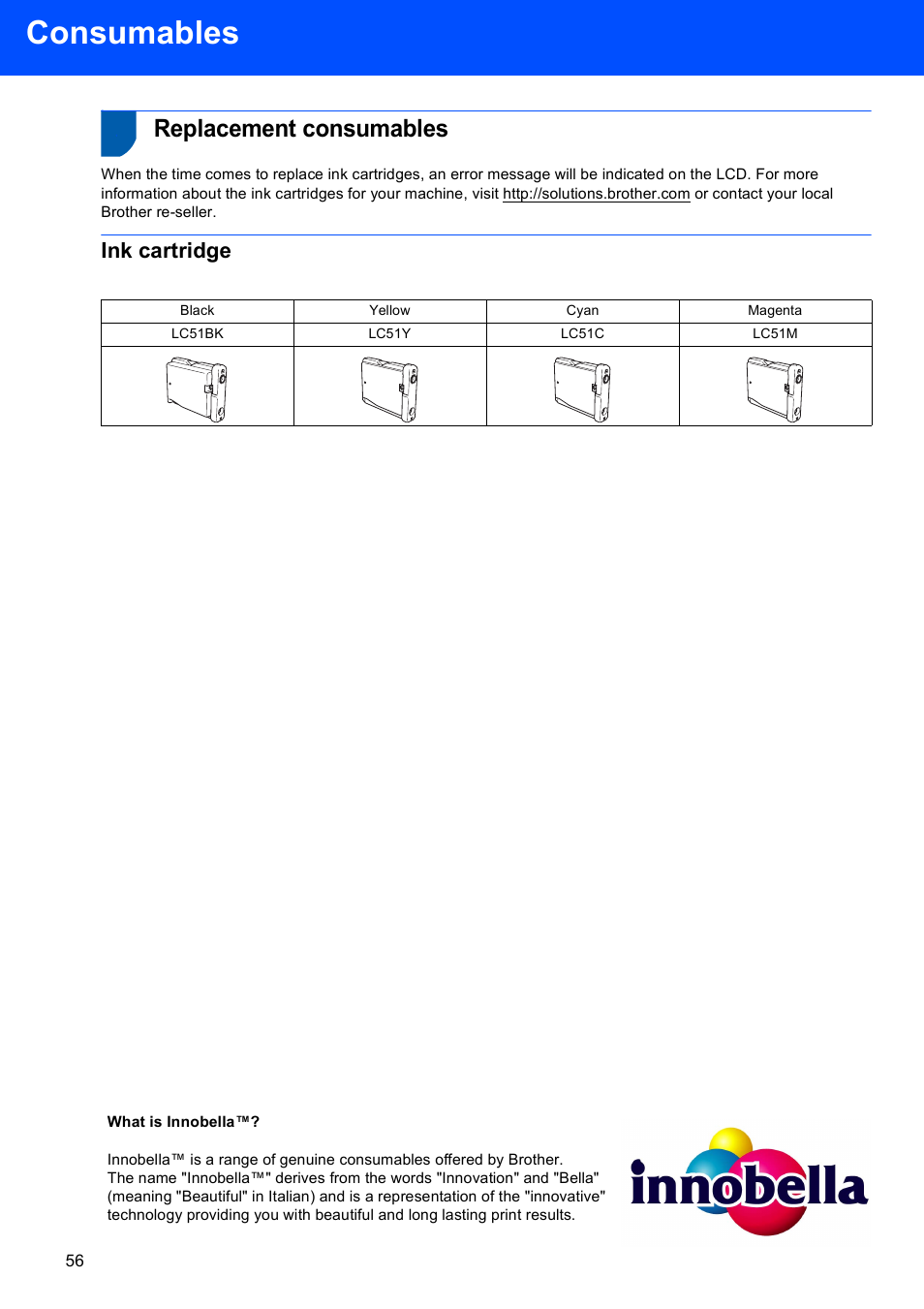 Consumables, Replacement consumables, Ink cartridge | Brother MFC-885CW User Manual | Page 58 / 60