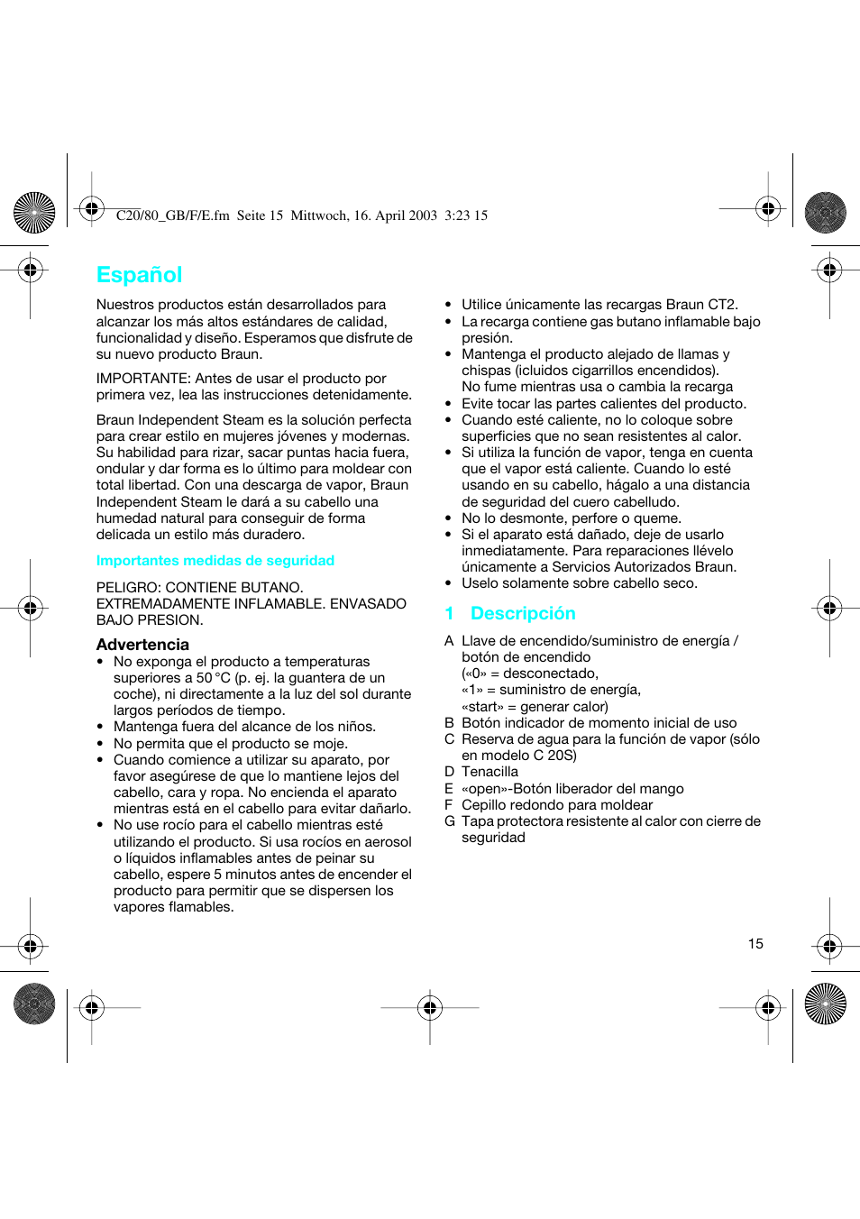 Español, 1 descripción | Braun C20 Independent Steam User Manual | Page 15 / 17