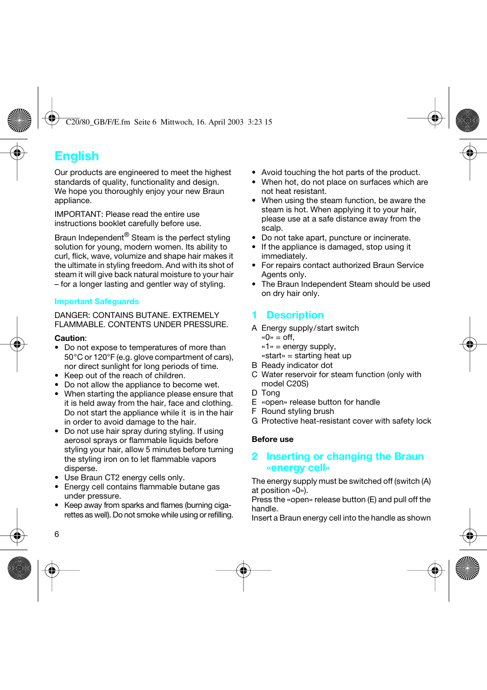 English, 1 description, 2 inserting or changing the braun «energy cell | Braun C20 Independent Steam User Manual | Page 6 / 17