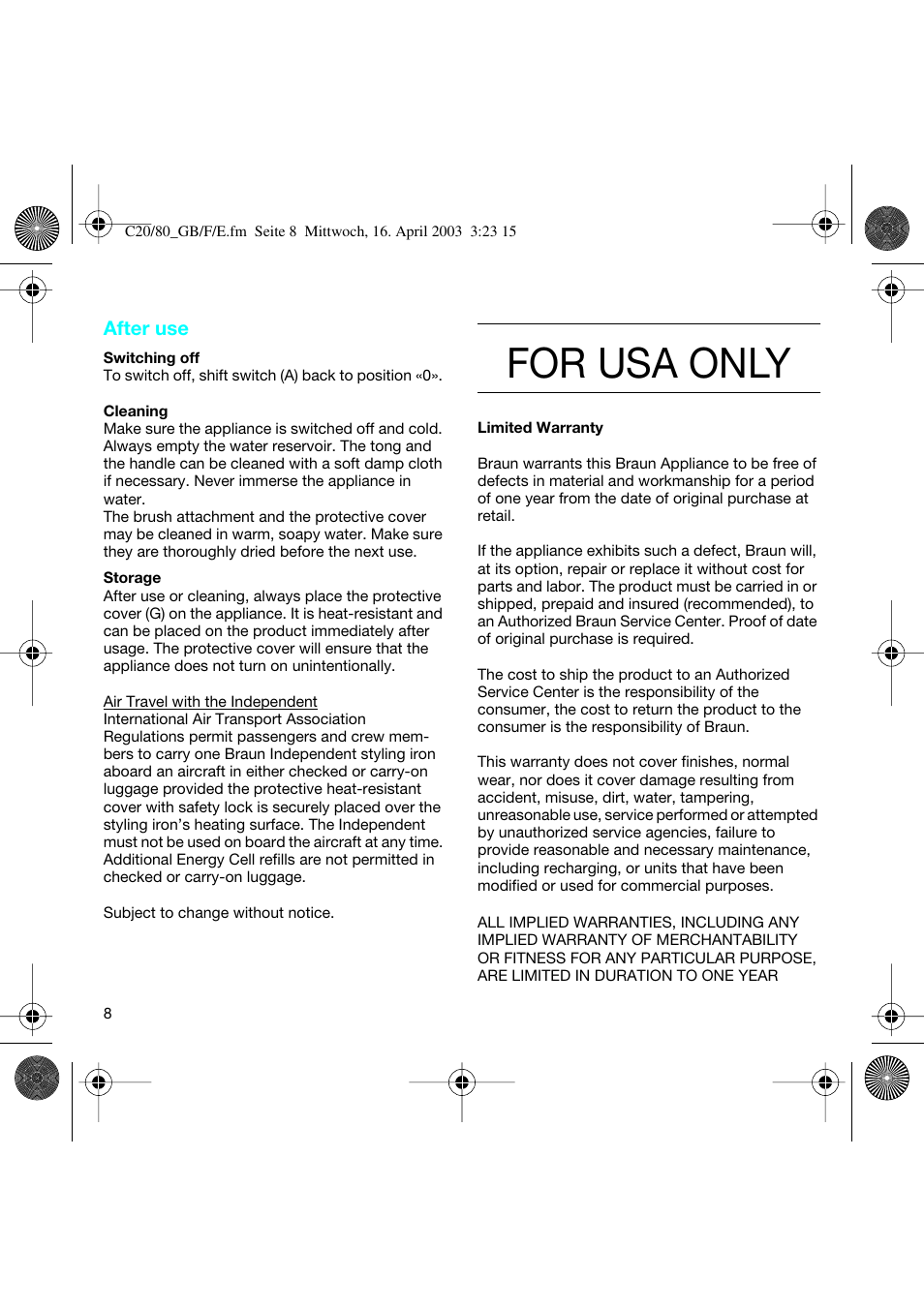 For usa only | Braun C20 Independent Steam User Manual | Page 8 / 17
