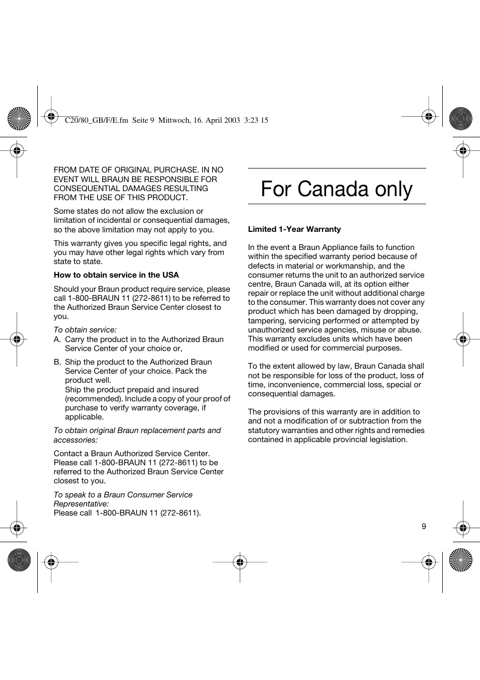 For canada only | Braun C20 Independent Steam User Manual | Page 9 / 17