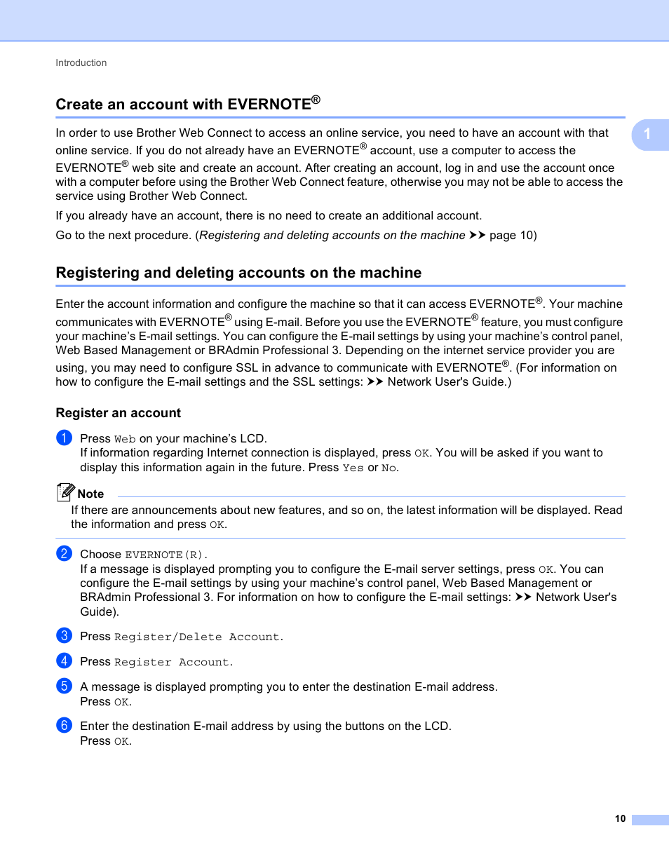 Create an account with evernote, Registering and deleting accounts on the machine, Register an account | Brother MFC-8950DWT User Manual | Page 13 / 22