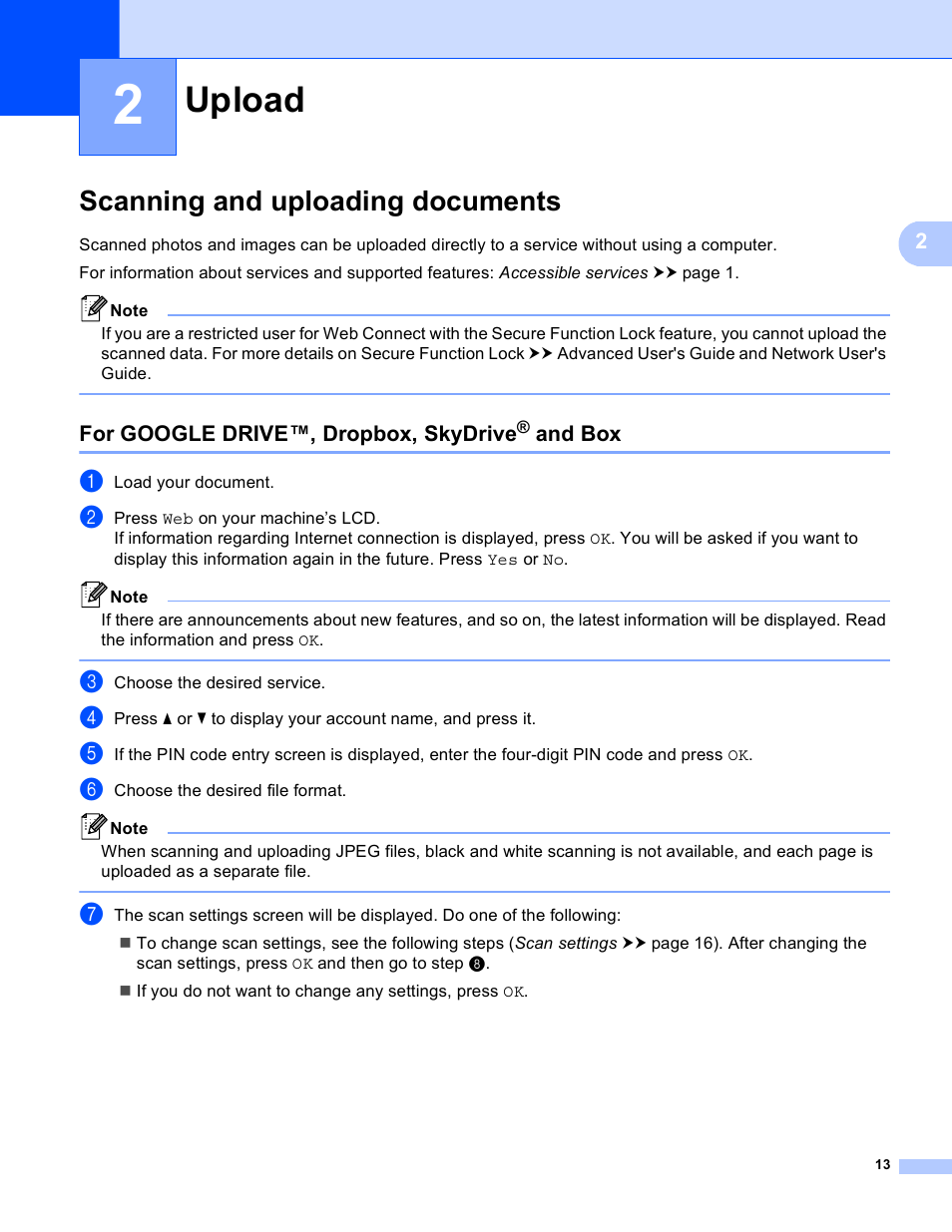 2 upload, Scanning and uploading documents, For google drive™, dropbox, skydrive® and box | Upload, For google drive™, dropbox, skydrive, And box | Brother MFC-8950DWT User Manual | Page 16 / 22