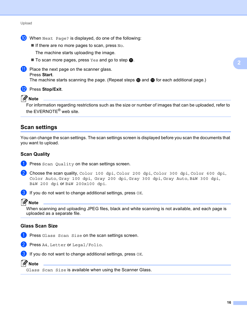 Scan settings, Scan quality, Glass scan size | Brother MFC-8950DWT User Manual | Page 19 / 22