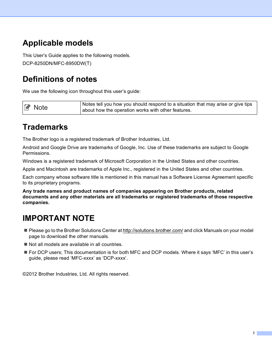 Applicable models, Definitions of notes, Trademarks | Important note | Brother MFC-8950DWT User Manual | Page 2 / 22