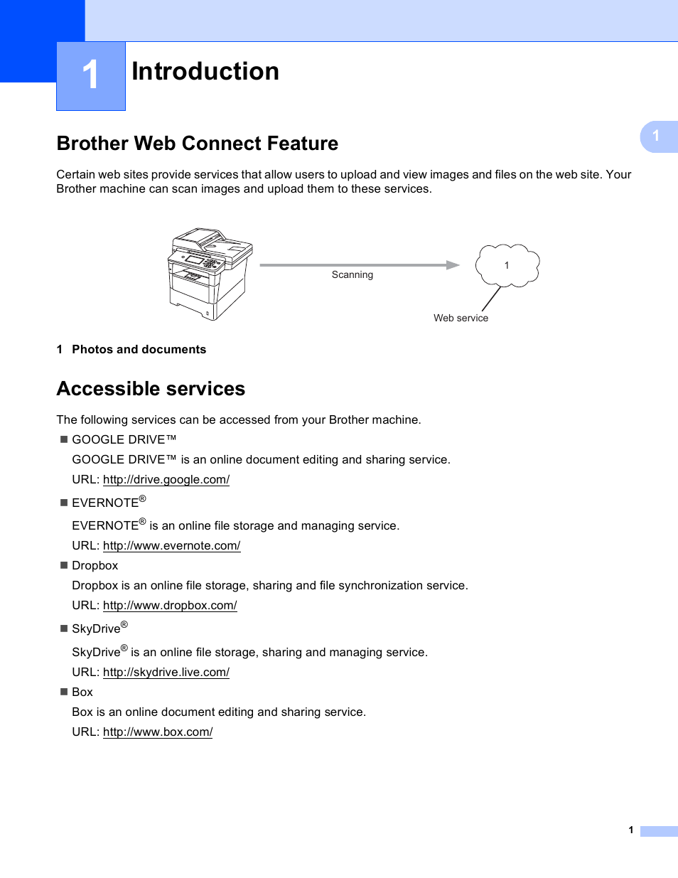 1 introduction, Brother web connect feature, Accessible services | Introduction, Brother web connect feature accessible services | Brother MFC-8950DWT User Manual | Page 4 / 22