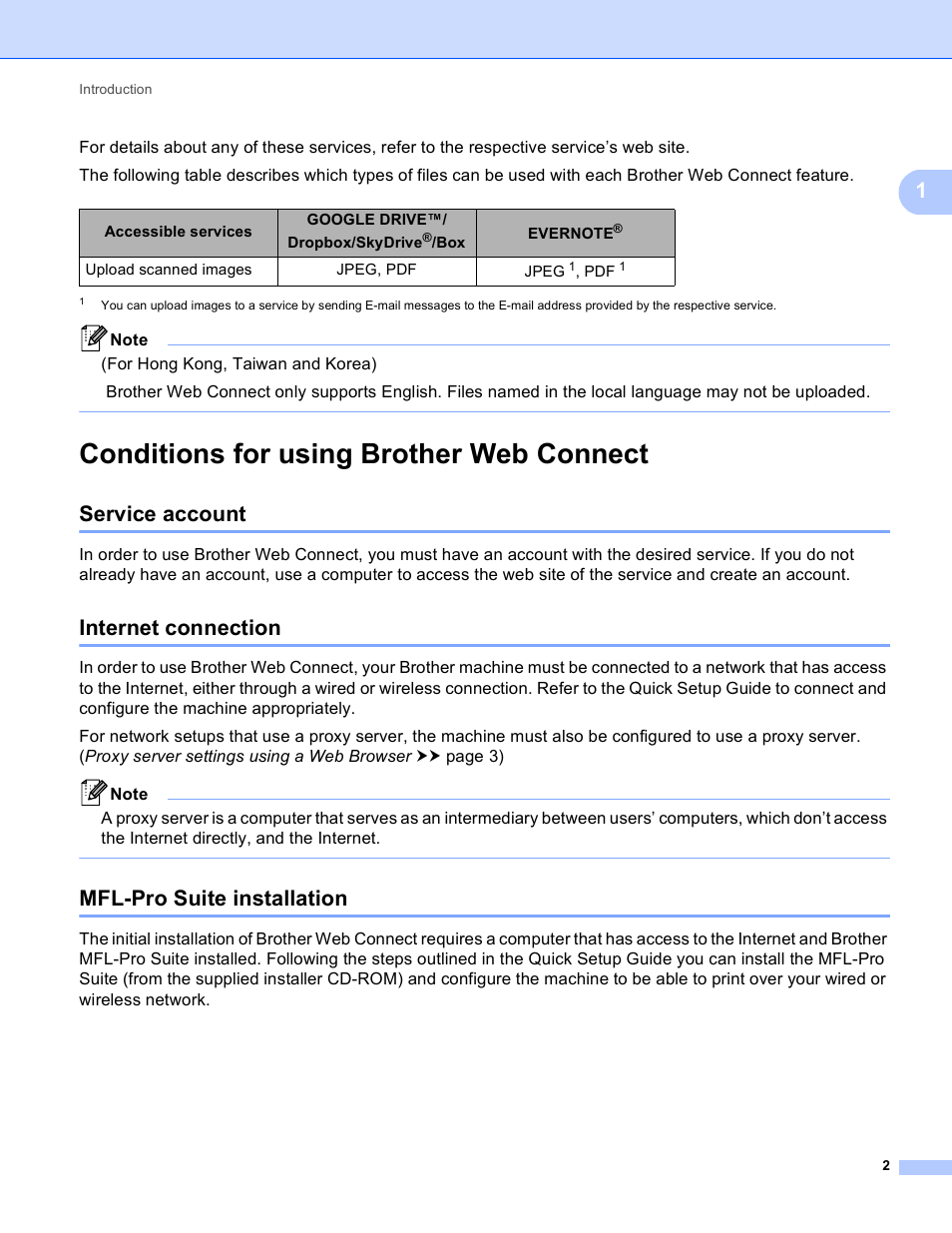 Conditions for using brother web connect, Service account, Internet connection | Mfl-pro suite installation | Brother MFC-8950DWT User Manual | Page 5 / 22