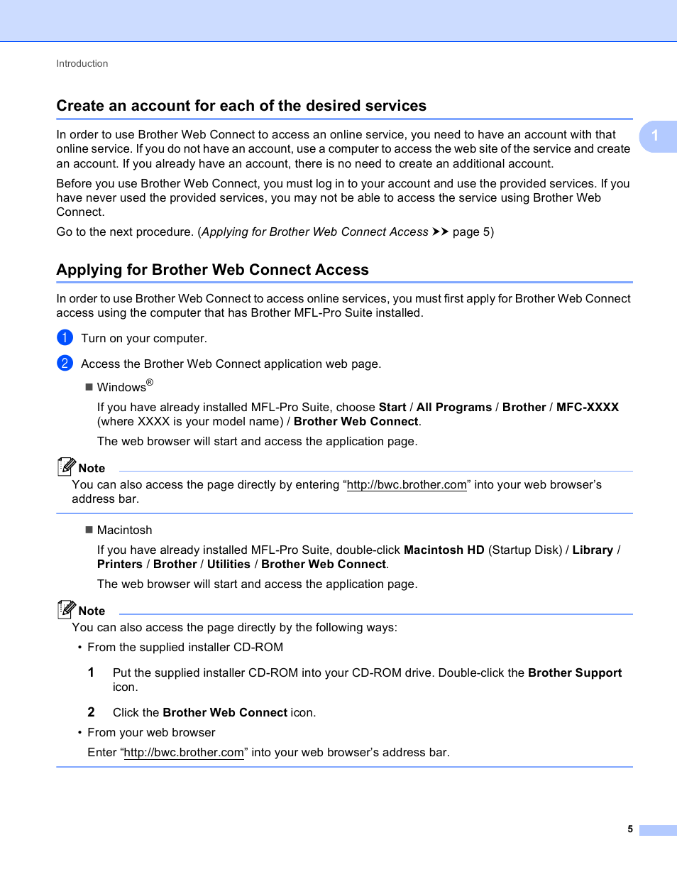 Create an account for each of the desired services, Applying for brother web connect access | Brother MFC-8950DWT User Manual | Page 8 / 22