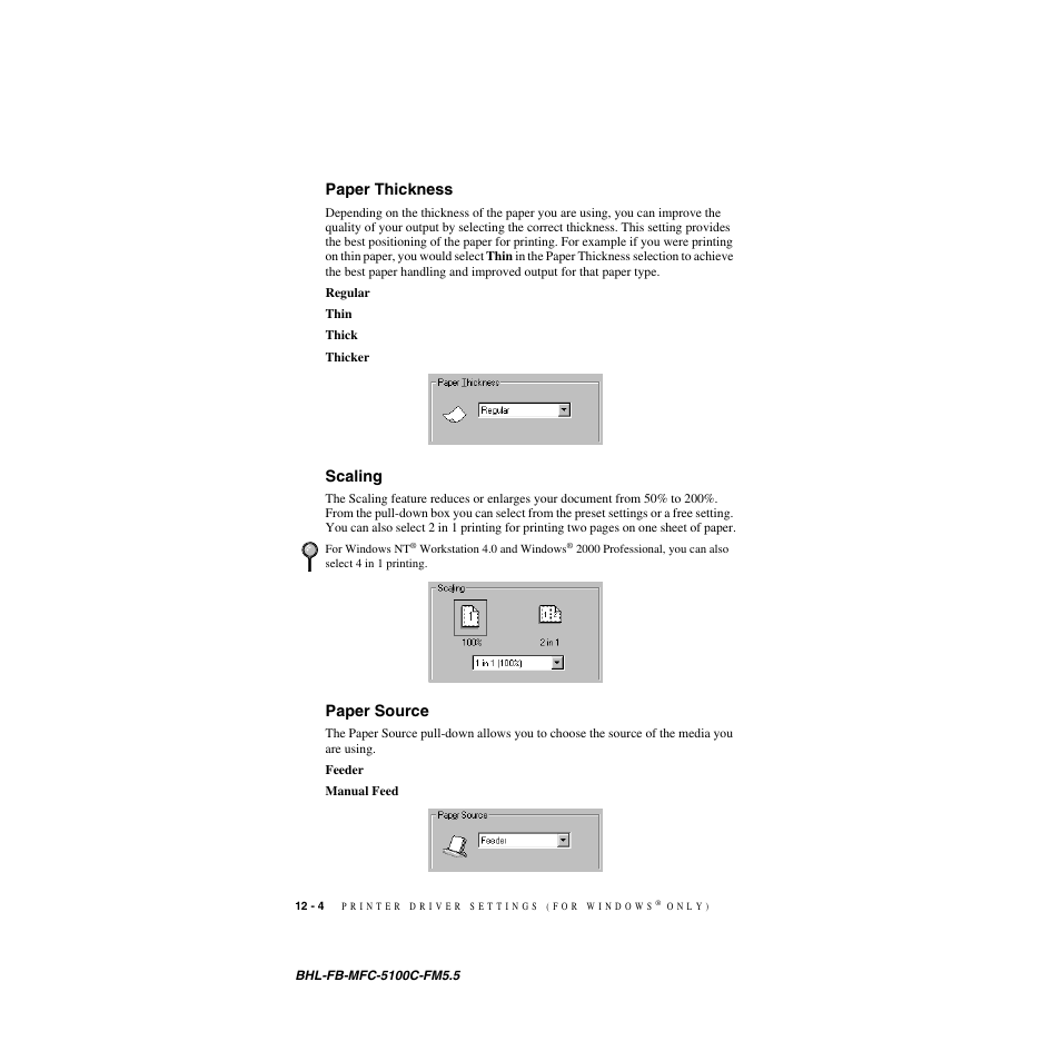 Paper thickness, Scaling, Paper source | Paper thickness -4 scaling -4 paper source -4 | Brother MFC-5100C User Manual | Page 105 / 213