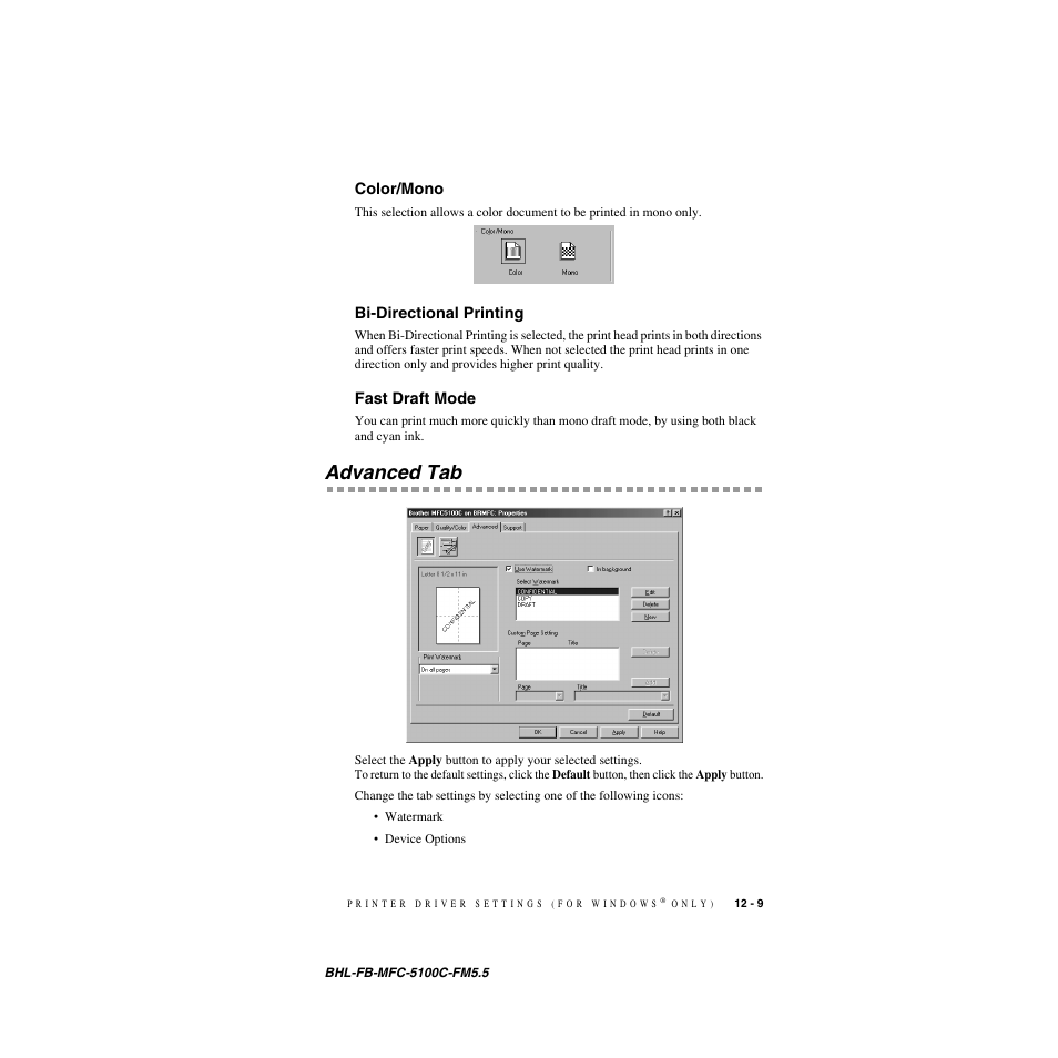 Color/mono, Bi-directional printing, Fast draft mode | Advanced tab, Advanced tab -9 | Brother MFC-5100C User Manual | Page 110 / 213