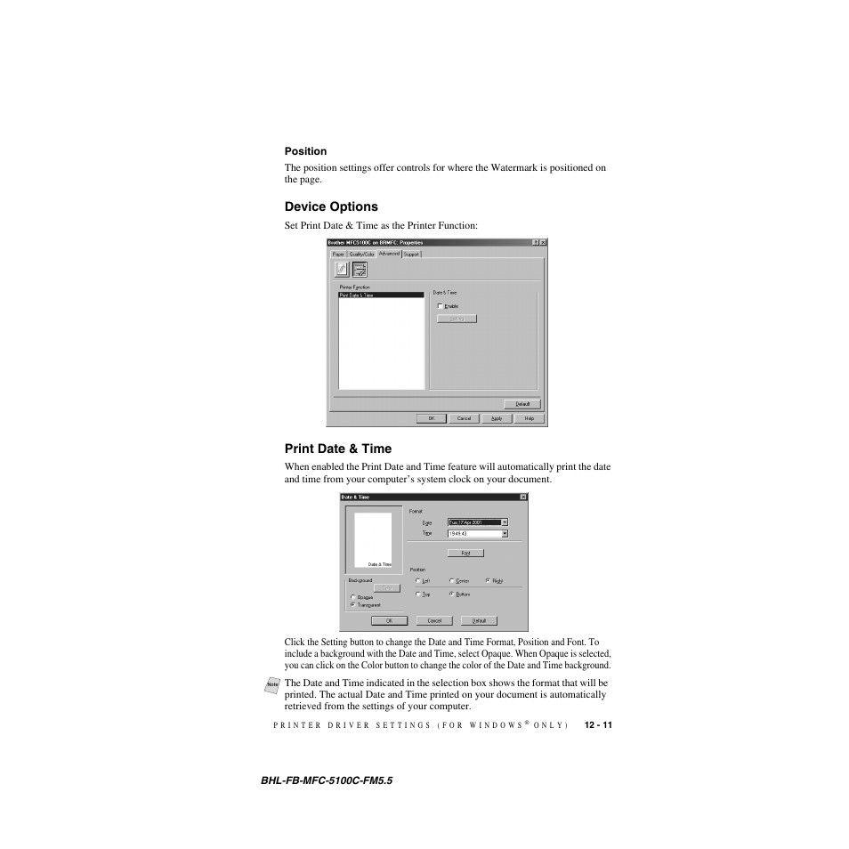 Position, Device options, Print date & time | Position -11, Device options -11 print date & time -11 | Brother MFC-5100C User Manual | Page 112 / 213