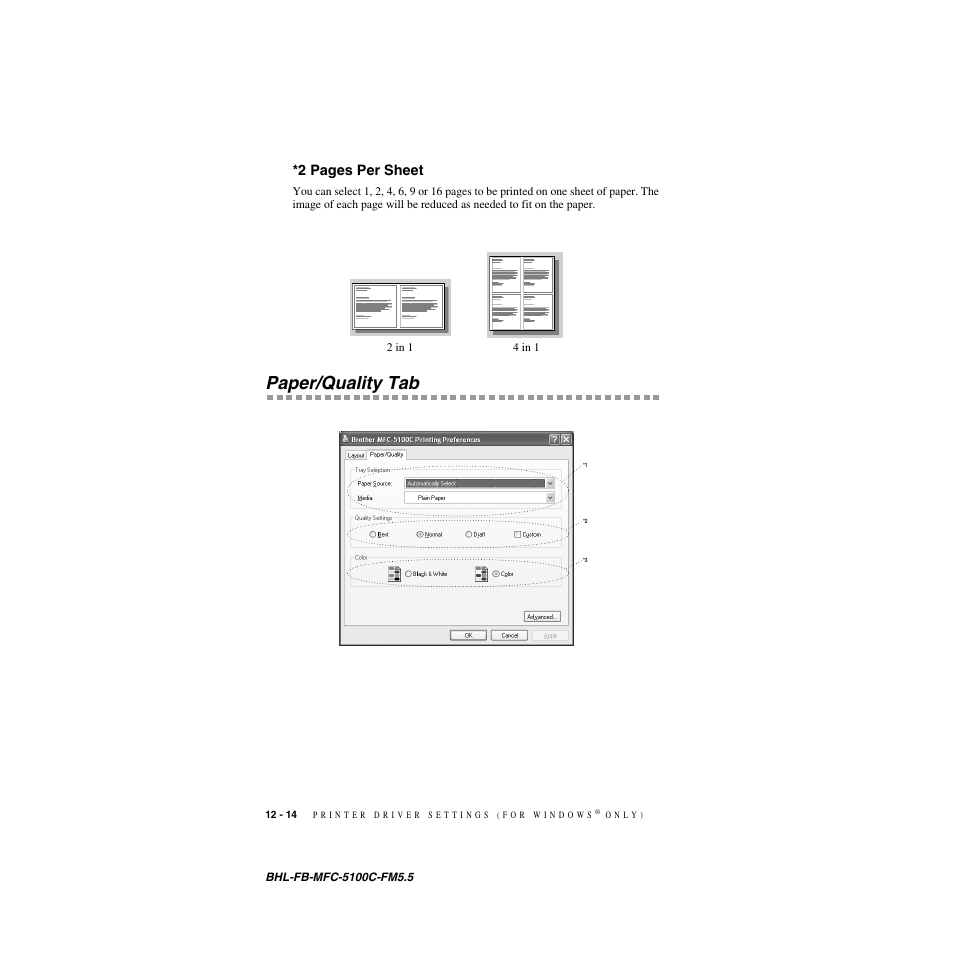 Paper/quality tab, Paper/quality tab -14, 2 pages per sheet | Brother MFC-5100C User Manual | Page 115 / 213
