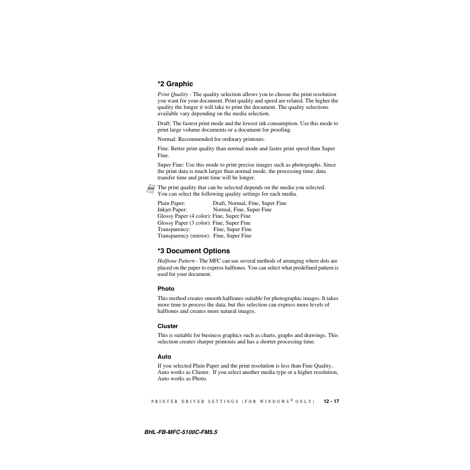 2 graphic, 3 document options, Photo | Cluster, Auto, 2 graphic -17 *3 document options -17, Photo -17 cluster -17 auto -17 | Brother MFC-5100C User Manual | Page 118 / 213