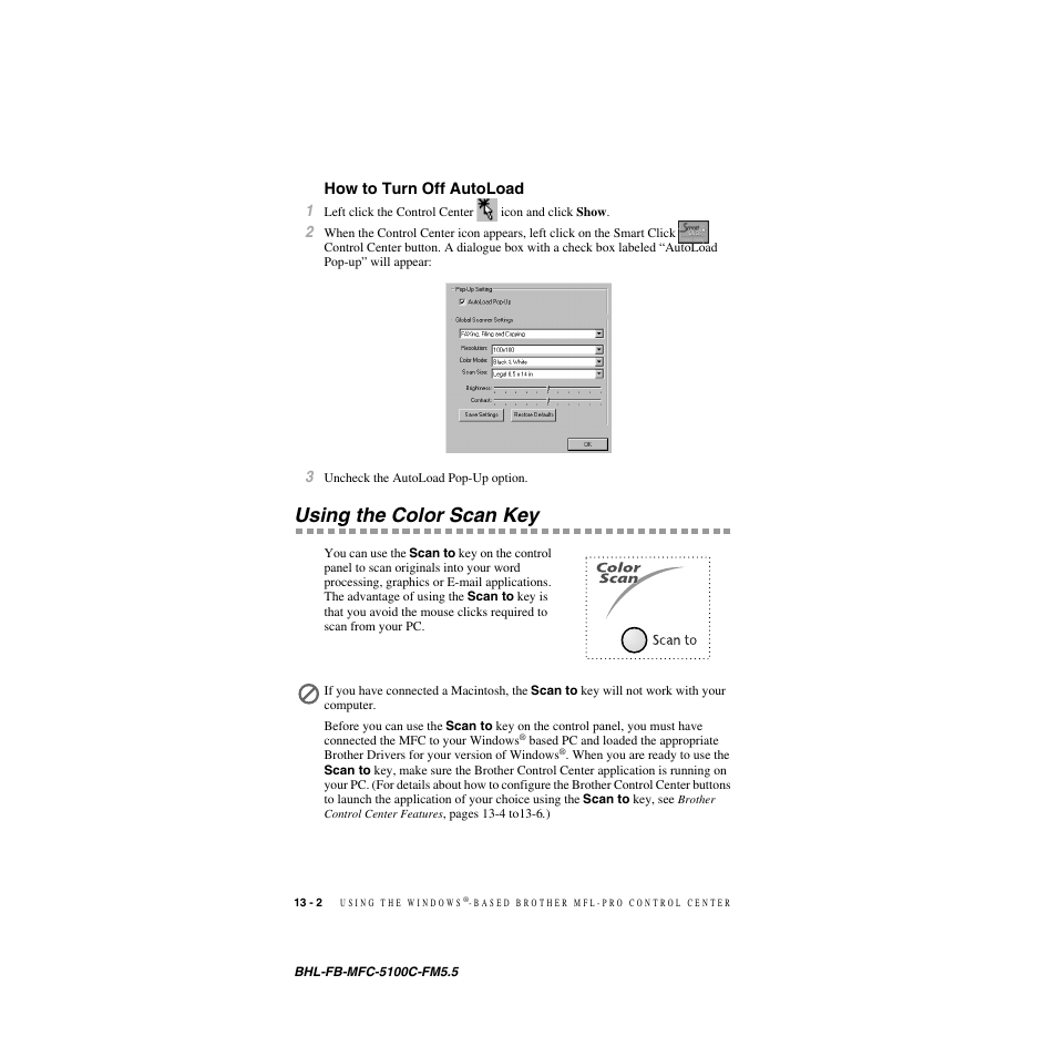 How to turn off autoload, Using the color scan key, How to turn off autoload -2 | Using the color scan key -2 | Brother MFC-5100C User Manual | Page 121 / 213