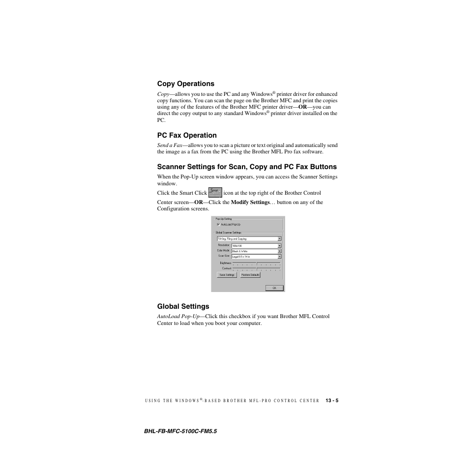 Copy operations, Pc fax operation, Scanner settings for scan, copy and pc fax buttons | Global settings | Brother MFC-5100C User Manual | Page 124 / 213