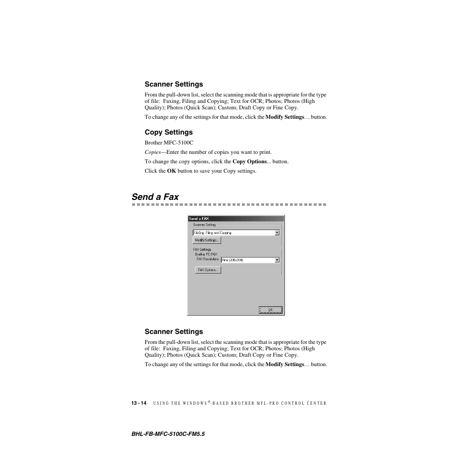 Scanner settings, Copy settings, Send a fax | Scanner settings -14 copy settings -14, Send a fax -14, Scanner settings -14 | Brother MFC-5100C User Manual | Page 133 / 213