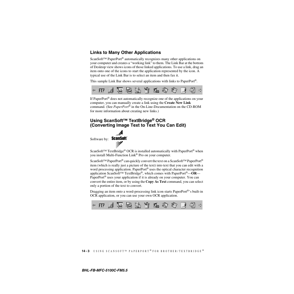 Links to many other applications, Converting image text to text you can edit) -3, Using scansoft™ textbridge | Ocr (converting image text to text you can edit) | Brother MFC-5100C User Manual | Page 137 / 213