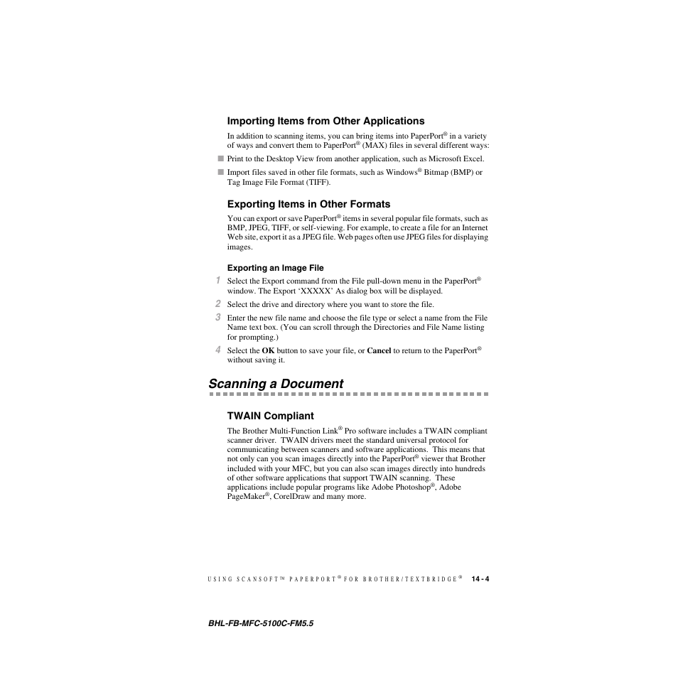 Importing items from other applications, Exporting items in other formats, Exporting an image file | Scanning a document, Twain compliant, Exporting an image file -4, Scanning a document -4, Twain compliant -4 | Brother MFC-5100C User Manual | Page 138 / 213