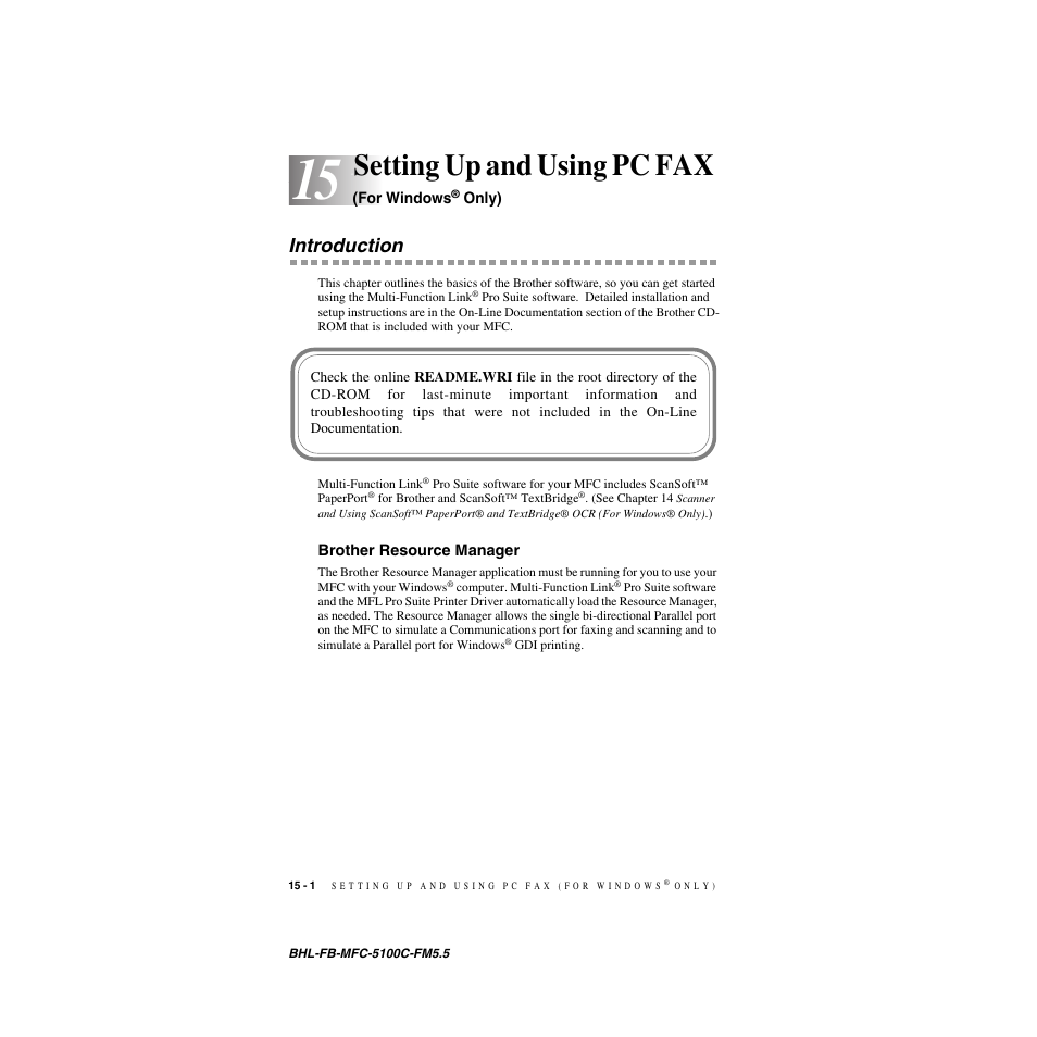 Setting up and using pc fax (for windows® only), Introduction, Brother resource manager | Setting up and using pc fax (for windows, Only) -1, Introduction -1, Brother resource manager -1, Setting up and using pc fax | Brother MFC-5100C User Manual | Page 143 / 213