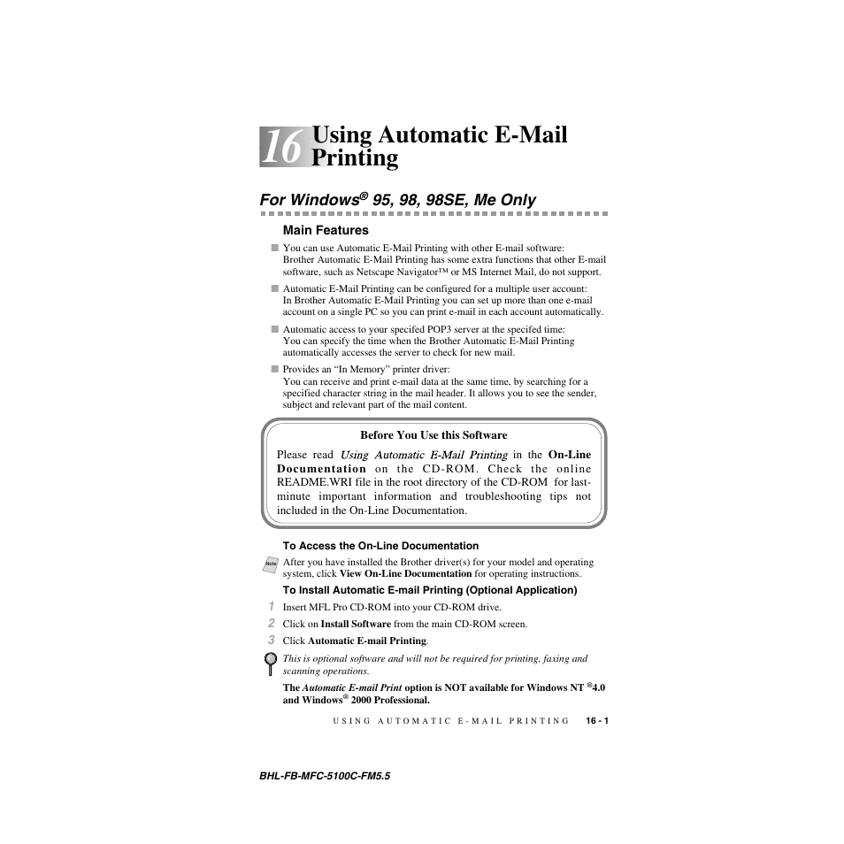 Using automatic e-mail printing, For windows® 95, 98, 98se, me only, Main features | To access the on-line documentation, Using automatic e-mail printing -1, For windows, 95, 98, 98se, me only -1, Main features -1, Optional application) -1 | Brother MFC-5100C User Manual | Page 160 / 213
