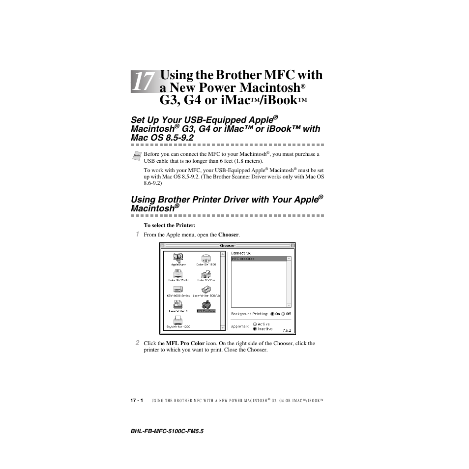 Using the brother mfc with a new power macintosh, G3, g4 or imac™/ibook™ -1, Set up your usb-equipped apple | Macintosh, G3, g4 or imac™ or ibook™ with mac os 8.5-9.2 -1, Using brother printer driver with your apple, G3, g4 or imac, Ibook | Brother MFC-5100C User Manual | Page 161 / 213