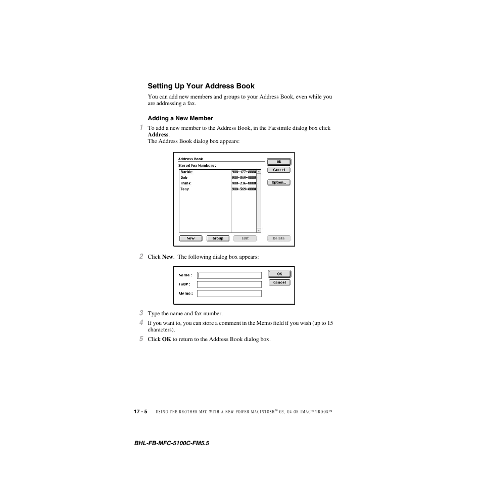 Setting up your address book, Adding a new member, Setting up your address book -5 | Adding a new member -5 | Brother MFC-5100C User Manual | Page 165 / 213