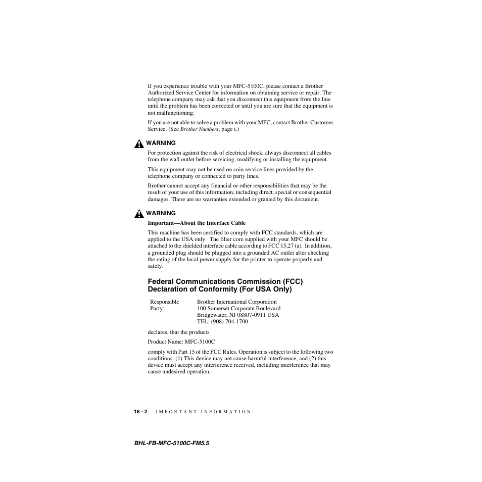 Federal communications commission (fcc), Declaration of conformity (for usa only) -2 | Brother MFC-5100C User Manual | Page 175 / 213