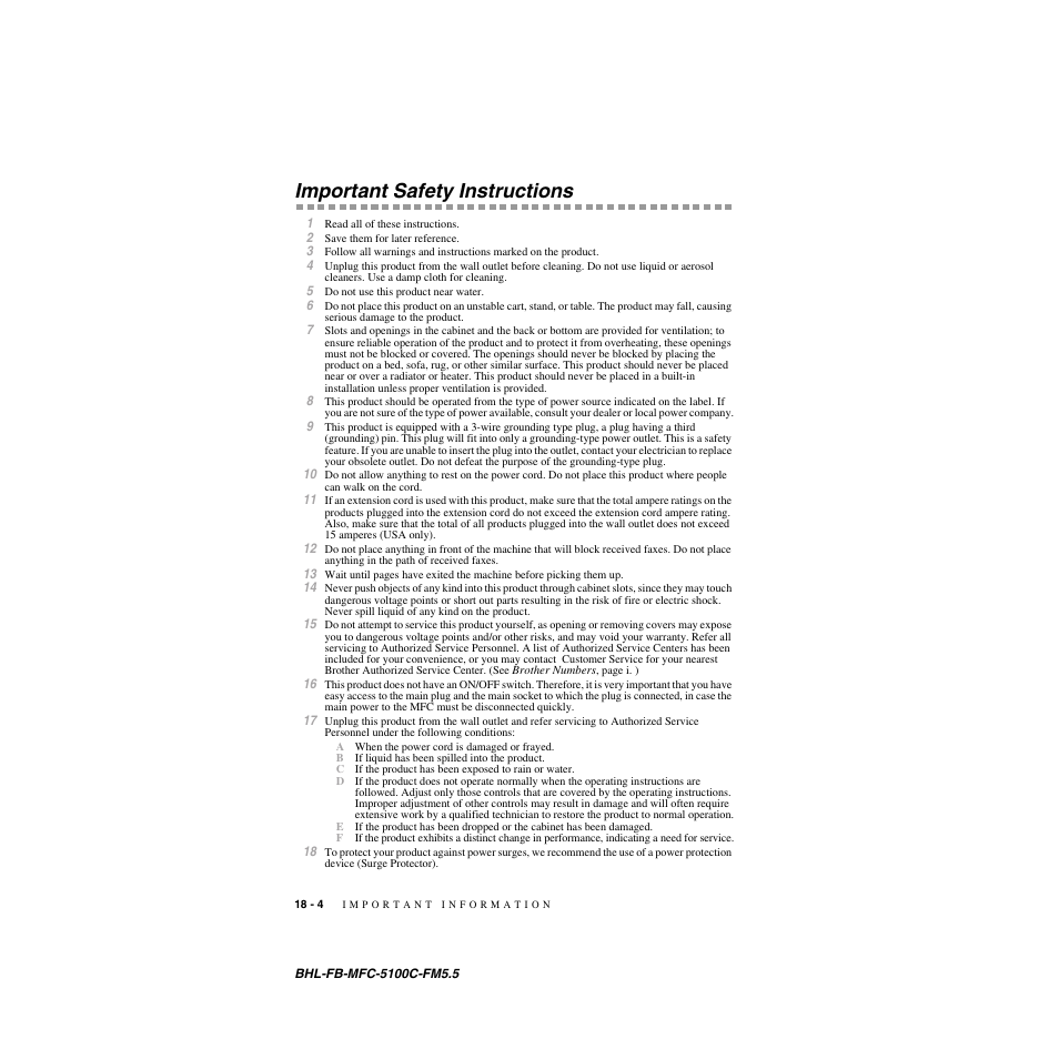 Important safety instructions, Important safety instructions -4 | Brother MFC-5100C User Manual | Page 177 / 213