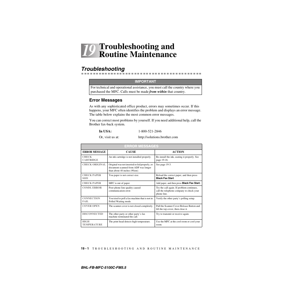 Troubleshooting and routine maintenance, Troubleshooting, Error messages | Troubleshooting and routine maintenance -1, Troubleshooting -1, Error messages -1 | Brother MFC-5100C User Manual | Page 179 / 213
