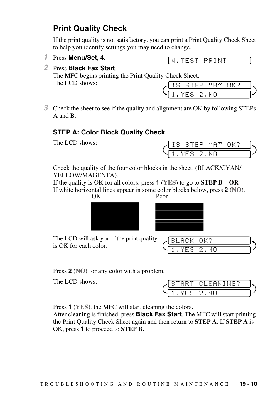 Print quality check, Step a: color block quality check, Print quality check -10 | Step a: color block quality check -10 | Brother MFC-5100C User Manual | Page 188 / 213