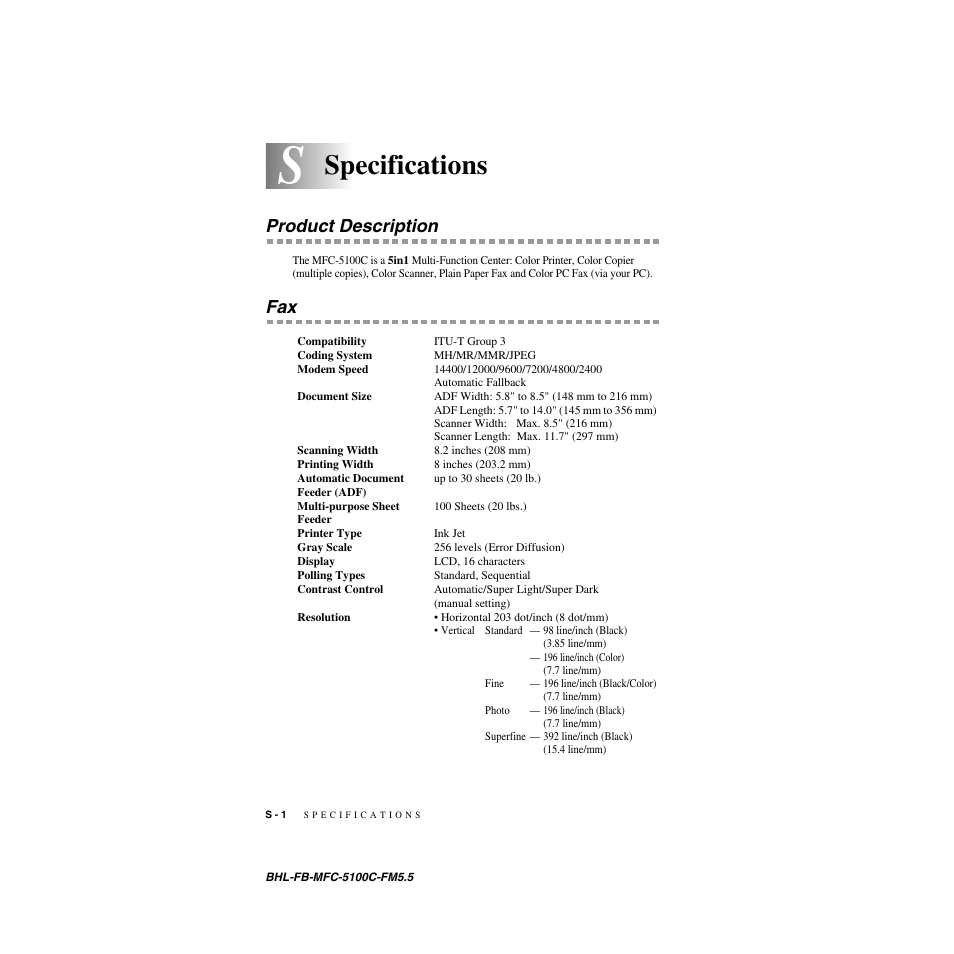 Specifications, Product description | Brother MFC-5100C User Manual | Page 197 / 213